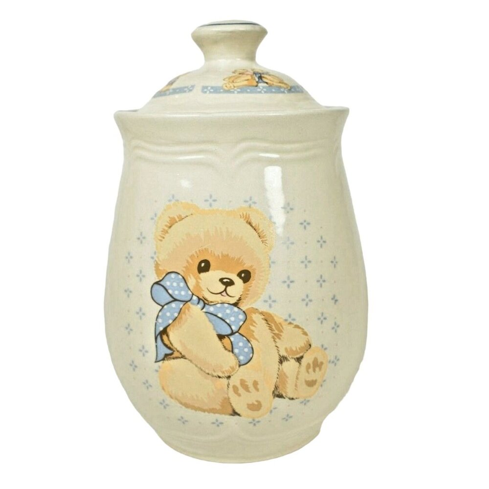Vintage Tienshan Stoneware Teddy Bear Canister with Lid Kitchenware